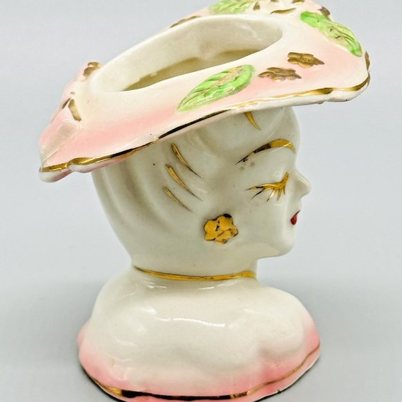 Lady Head Vase Pink Gold Eyelashes Highlights Jewelry Hat 1950s 3 inch - Picture 3 of 8